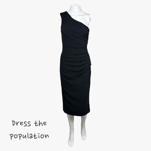Dress The Population Women's One Shoulder Bodycon Midi Black Dress Sz XS